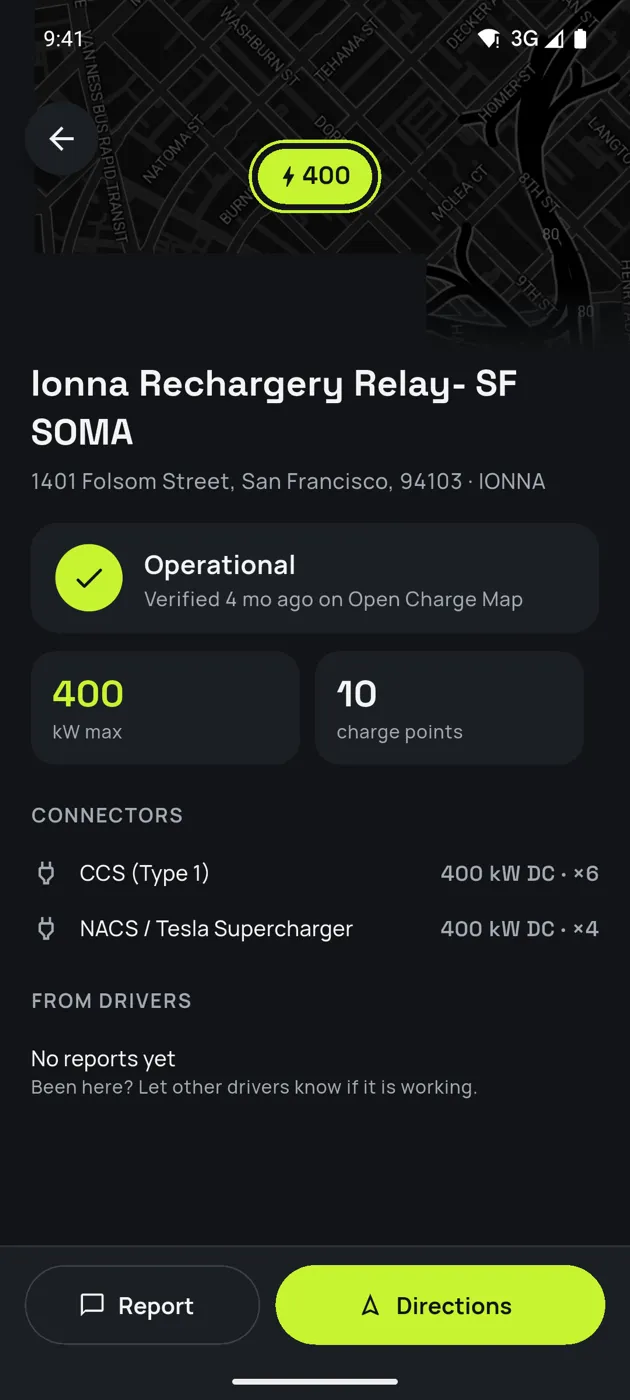 A charger’s details: status, power, connectors and driver reports